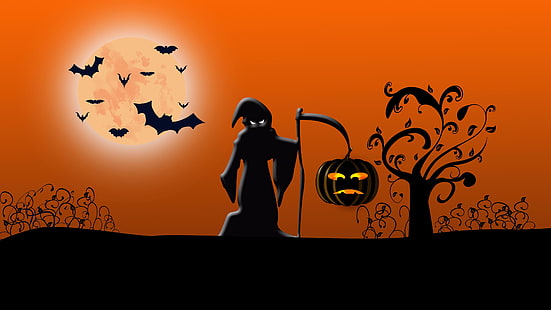 art, halloween, cartoon, orange, silhouette, bat, illustration, moon, pumpkin, graphics, jack o lantern, full moon, reaper, HD wallpaper HD wallpaper
