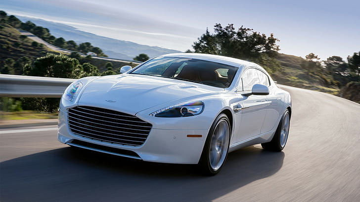 Aston Martin Rapide S, voiture blanche, aston martin Rapide S, calandre, emblème, route, Fond d'écran HD