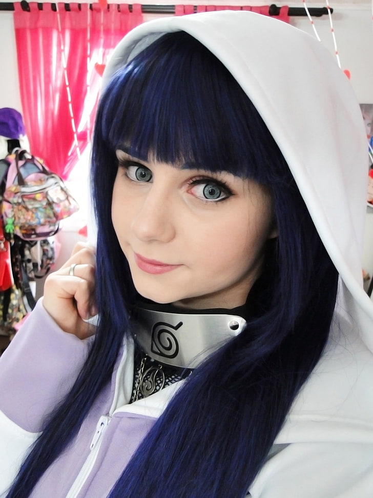 women's purple and white zip-up hoodie, cosplay, Hyuuga Hinata, blue hair, hoods, Naruto Shippuuden, women, HD wallpaper