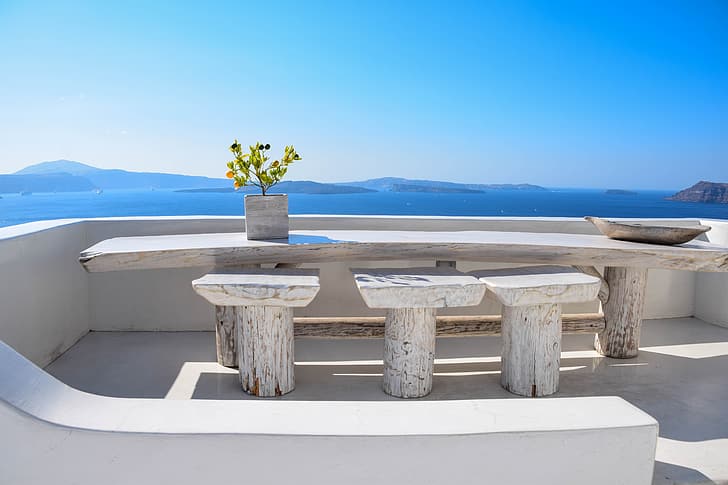 Oia Town, Santorini, Greece, table, HD wallpaper