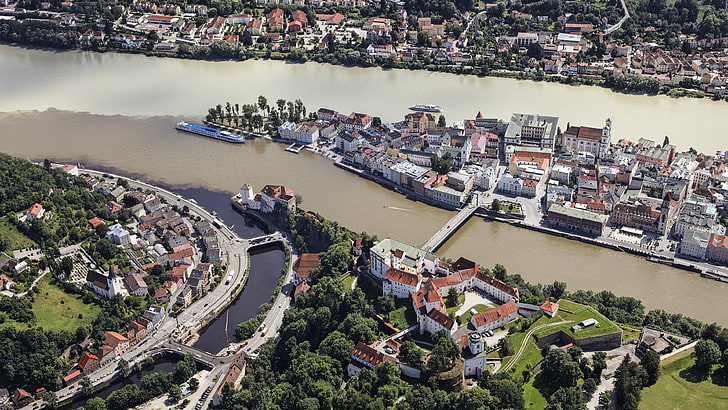 waterway, city, aerial photography, urban area, river, water resources, passau, germany, europe, HD wallpaper
