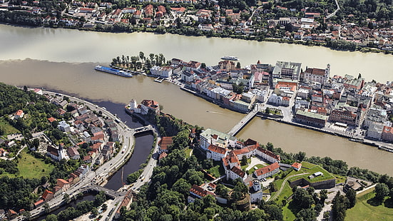 ممر مائي ، مدينة ، تصوير جوي ، منطقة حضرية ، نهر ، موارد مائية ، باساو ، ألمانيا ، أوروبا، خلفية HD HD wallpaper