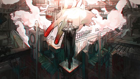 Бензопила, смотрит на зрителя, город, руки, дым, Макима (Человек с бензопилой), рыжий, HD обои HD wallpaper