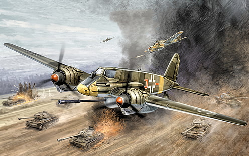 brown and gray plane digital wallpaper, war, art, painting, aviation, ww2, Henschel Hs 129 B3, &quot;Tank Buster&quot;, ground-attack aircraft, HD wallpaper HD wallpaper
