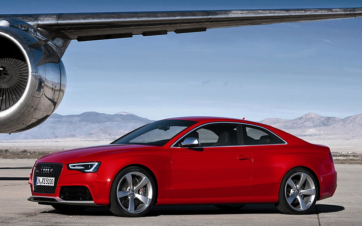 red Audi A4 sedan, the sky, mountains, Audi, coupe, wing, turbine, the plane, rs5, PC5, presny.the front, HD wallpaper
