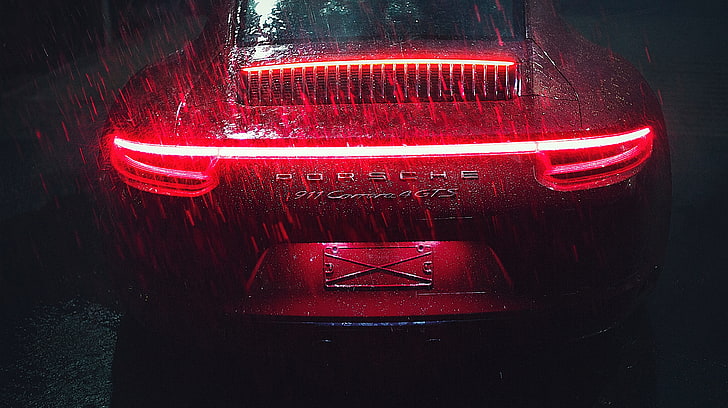 5K, дъжд, LED задни светлини, Porsche 911 Carrera, HD тапет