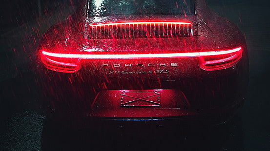 Auto deportivo Porsche, Porsche 911 Carrera, luces traseras LED, lluvia, 5K, Fondo de pantalla HD HD wallpaper