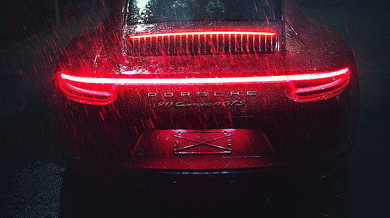 الأحمر بورش 911 كاريرا جي تي إس ، بورش ، بورش 911 كاريرا ، الضوء الخلفي ، المصابيح الخلفية ، المطر ، السيارة الرياضية، خلفية HD HD wallpaper