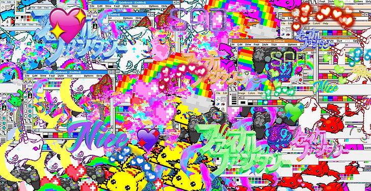 Verschiedene Text- und Zeichenillustrationen, LSD, Pikachu, Einhörner, Regenbogen, Herz, Kanji, chinesische Schriftzeichen, HD-Hintergrundbild