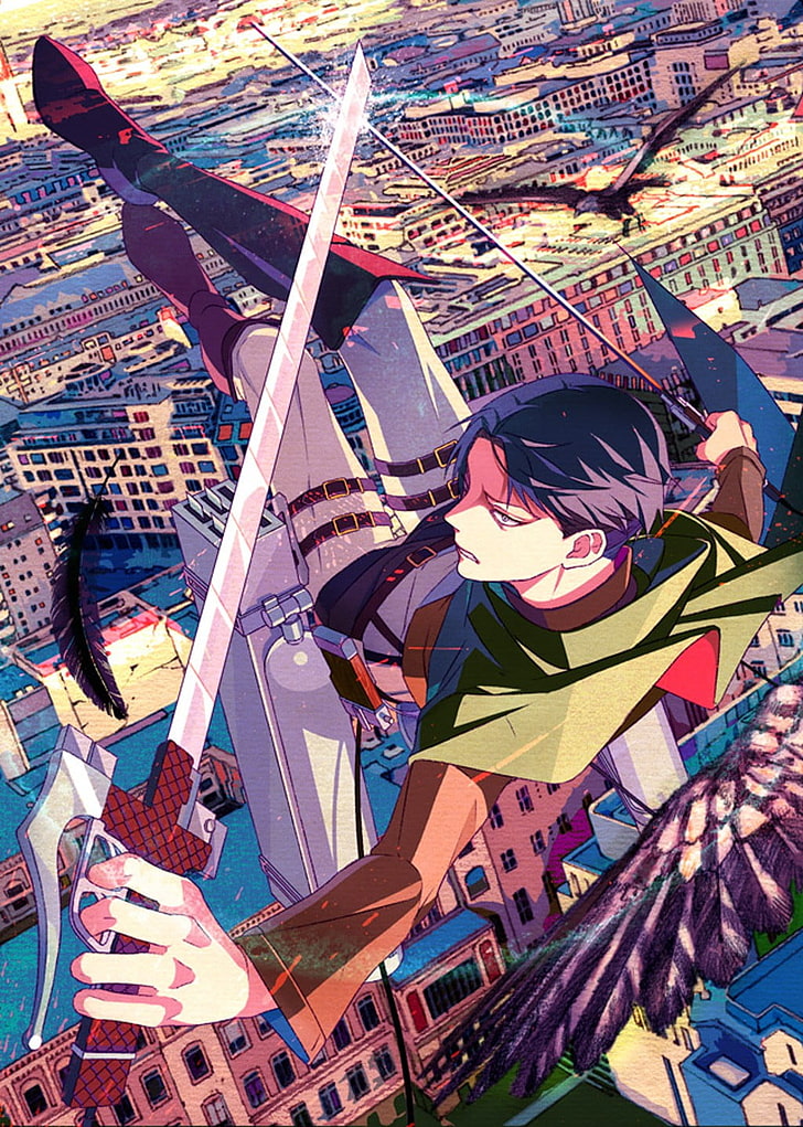 Zeichentrickfigur mit Schwert Illustration, Stadt, Waffe, Menschen, Shingeki no Kyojin, Levi Ackerman, HD-Hintergrundbild, Handy-Hintergrundbild