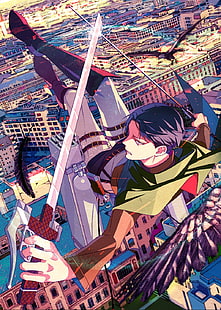 мультипликационный персонаж с мечом, иллюстрация, город, оружие, люди, Shingeki no Kyojin, Леви Аккерман, HD обои HD wallpaper