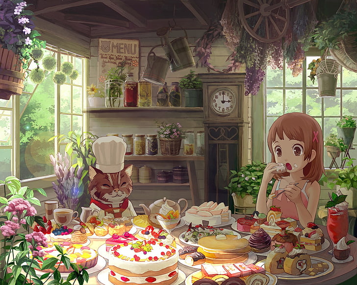 ilustração de anime menina de cabelos castanhos, comida, bolo, bolos, relógios, gato, chá, meninas anime, HD papel de parede