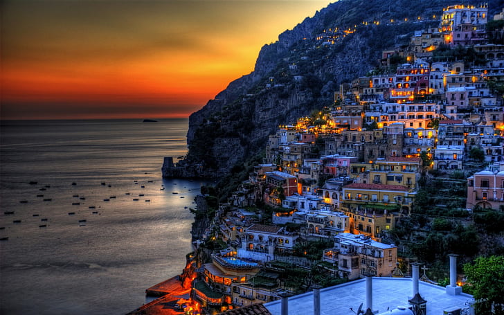 Städer, Positano, kust, HDR, hus, Italien, ljus, konstgjorda, natt, hav, stad, HD tapet