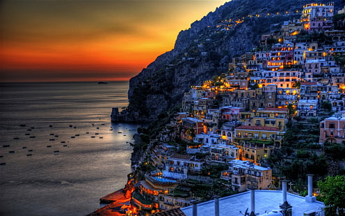 Towns, Positano, Coast, HDR, House, Italy, Light, Man Made, Night, Ocean, Town, HD wallpaper HD wallpaper