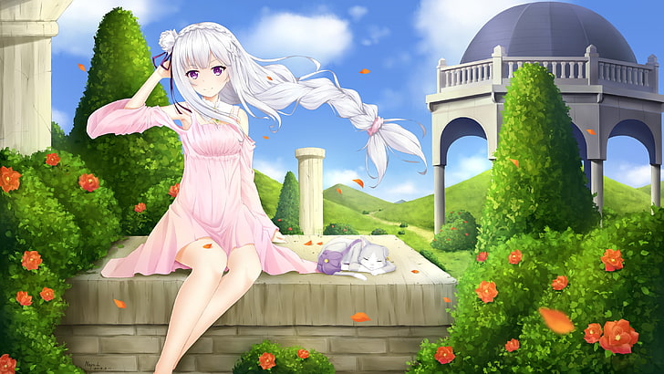 vithårig kvinnlig anime karaktär tapet, kvinna i rosa klänning illustration, anime, animeflickor, långt hår, Re: Zero Kara Hajimeru Isekai Seikatsu, Emilia (Re: Zero), katt, moln, himmel, klänning, blommor, löv, kronblad, vitt hår, HD tapet