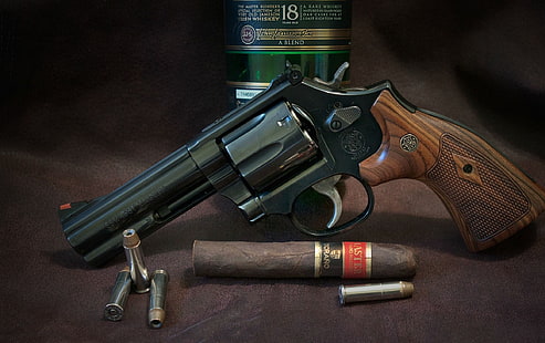 arma, uísque, arma, revólver, charuto, Smith & Wesson, munição, S&W, HD papel de parede HD wallpaper
