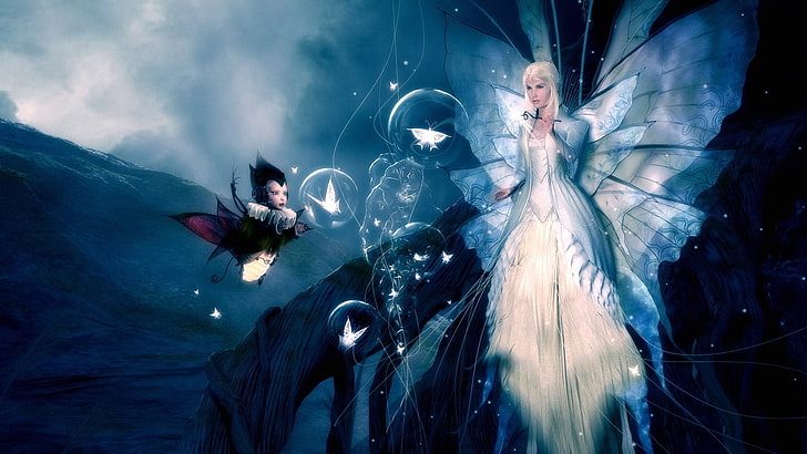 white haired woman with wings standing near black haired fairy digital wallpaper, Fantasy, Fairy, HD wallpaper
