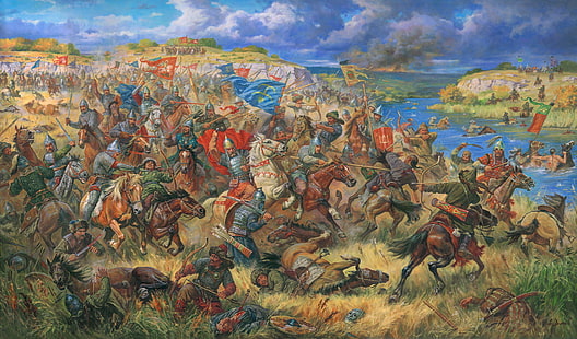 Gente en guerra, pintura, óleo, cuadro, lienzo '', el Príncipe Daniel Ostrogski en la batalla de Blue Waters, 1362 '', artista A. Orlinov, Fondo de pantalla HD HD wallpaper