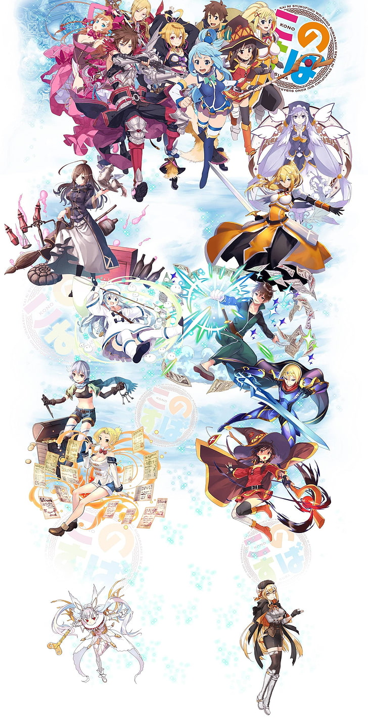 assorted color of character action figures, Kono Subarashii Sekai ni Shukufuku wo!, Satō Kazuma (Kono Subarashii Sekai ni Shukufuku wo!), Megumin, Darkness (KonoSuba), Aqua (KonoSuba), Wizu (KonoSuba), Chris (KonoSuba), Eris (KonoSuba), HD wallpaper