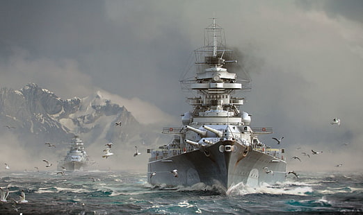 vitt och grått slagskepp, himlen, vatten, moln, hav, berg, våg, rök, snö, fartyg, fartyg, måsar, slagskepp, Bismarck, Wargaming Net, WoWS, värld av krigsfartyg, värld av fartyg, HD tapet HD wallpaper