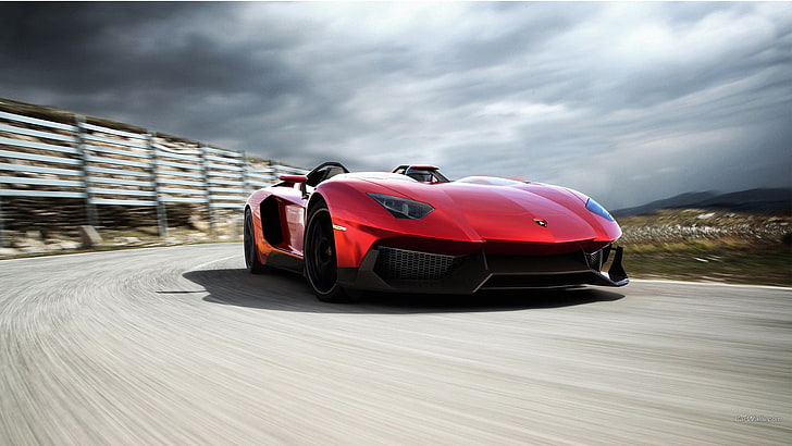 ซูเปอร์คาร์สีแดง, Lamborghini Aventador, Lamborghini Aventador J, Lamborghini, รถยนต์สีแดง, ยานพาหนะ, วอลล์เปเปอร์ HD