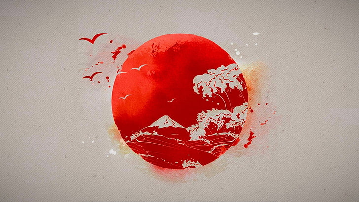 berg, träd och havsvågor målning, röd och vit berg illustration, japanska, sol, teckning, abstrakt, HD tapet