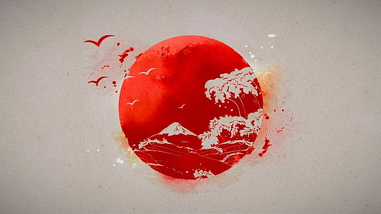 berg, träd och havsvågor målning, röd och vit berg illustration, japanska, sol, teckning, abstrakt, HD tapet HD wallpaper