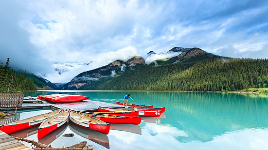 embarcação pessoal vermelha e preta, montanhas, natureza, barco, HD papel de parede HD wallpaper