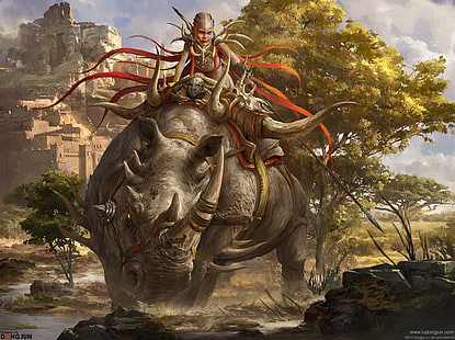 guerrier sur l'illustration de rhinocéros, art fantastique, guerrier, Fond d'écran HD HD wallpaper