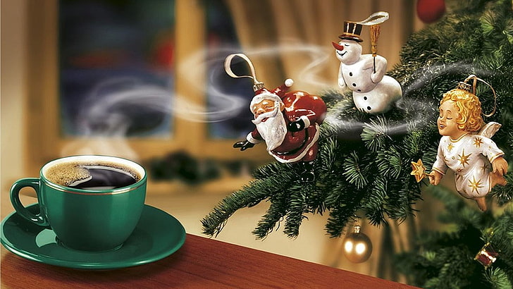 yeşil seramik kupa, yeni yıl, kahve, yılbaşı ağacı, noel baba, kardan adam, melek, HD masaüstü duvar kağıdı