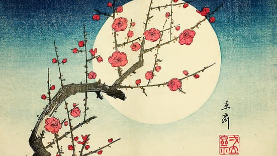 Утагава Хиросигэ, цветы, традиционное искусство, японское искусство, ксилография, HD обои HD wallpaper