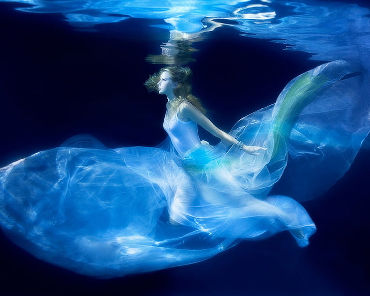 women, cyan, blue, underwater, HD wallpaper