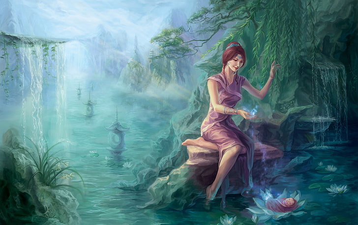 жена, седнала на отломки илюстрация, гора, вода, момиче, река, скали, магия, Азия, водопад, дете, изкуство, Лотос, езерце, бебе, върба, HD тапет