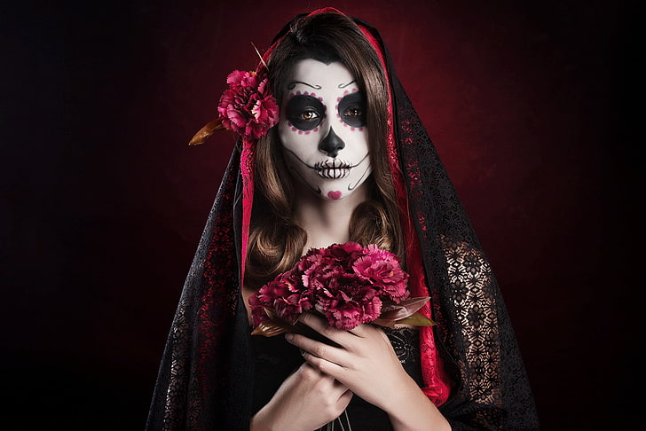 Dia de los Muertos, tengkorak, bunga, rias wajah, wanita, model, Wallpaper HD