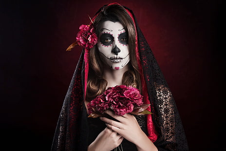 Dia de los Muertos, череп, цветы, макияж, женщины, модель, HD обои HD wallpaper