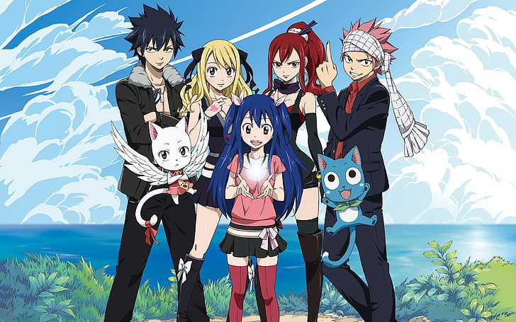Anime, Fairy Tail, Belt, Black Hair, Blonde, Blue Hair, Boy, Brown Eyes, Charles (Fairy Tail), Cloud, Erza Scarlet, Girl, Gray Fullbuster, Happy (Fairy Tail), Long Hair, Lucy Heartfilia, Natsu Dragneel, Pink Hair, Ponytail, Red Hair, Short Hair, Shorts, Skirt, Sky, Smile, Thigh Boots, Thigh Highs, Water, Wendy Marvell, bow (Clothing), HD wallpaper