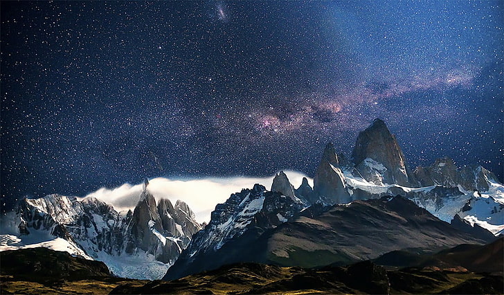 하얀 눈 덮인 산, 우주, 우주, 별, HD 배경 화면