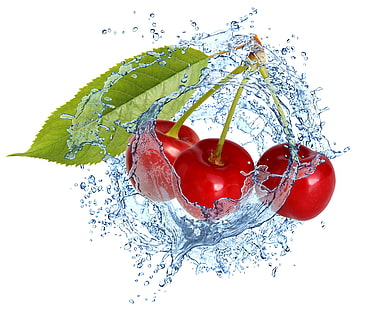 красная вишня, вода, шприц, вишня, ягоды, свежие, брызги, капли, HD обои HD wallpaper