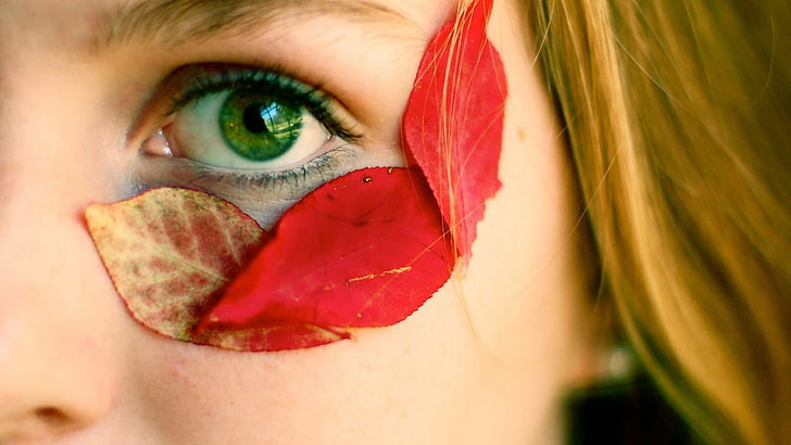 eyes, leaves, red leaves, women, reflection, HD wallpaper