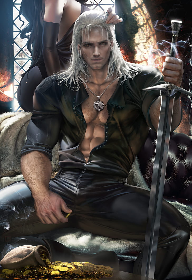 Geralt of Rivia, Yennefer of Vengerberg, The Witcher, video games, video game characters, men, women, brunette, long hair, black dress, white hair, looking at viewer, yellow eyes, Fantasy Men, necklace, muscles, 6-pack, shirt, open shirt, pants, black clothing, sword, weapon, smoke, coins, gold, money, sitting, portrait display, vertical, couch, artwork, drawing, digital art, illustration, fan art, Sakimichan, HD wallpaper