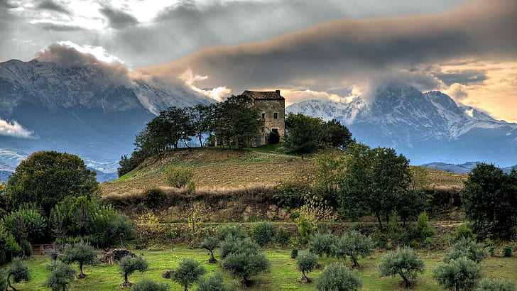 gran sasso, abandoned, cottage, mountain village, village, house, abruzzo, italy, sunlight, mountain, sky, grass, landscape, rural area, field, hill, tree, countryside, cloud, nature, HD wallpaper