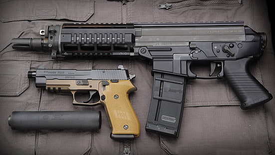 pistola, soppressore e fucile d'assalto, pistola, armi, silenziatore, fucile d'assalto, P220, SIG Sauer, Sfondo HD HD wallpaper