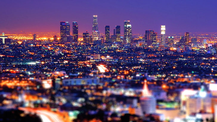 небе, нощно време, градски светлини, фотография с наклон, жилищен район, САЩ, САЩ, кула, Калифорния, небостъргач, смяна на наклон, Лос Анджелис, нощ, метрополия, силует, градски, градски пейзаж, град, столичен район, HD тапет