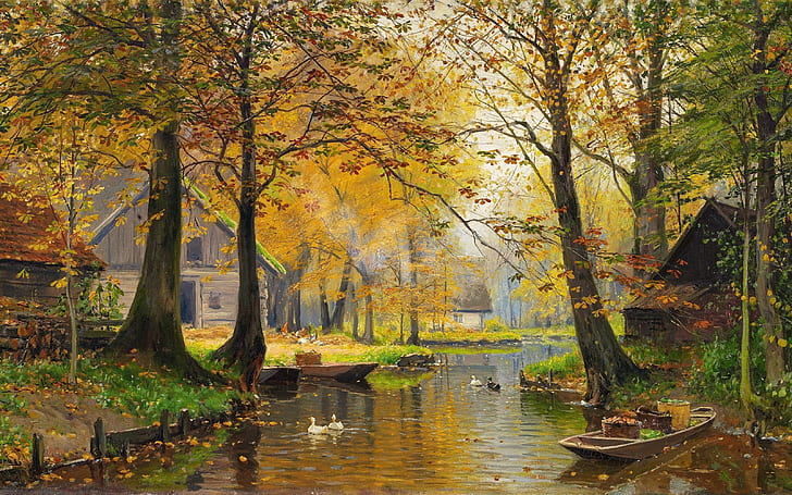 Walter Moras, pintor alemán, paisajista alemán, óleo sobre lienzo, caída de Spreewald, Spreewald en otoño, pueblo de Spreewald en otoño, Fondo de pantalla HD