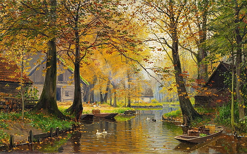 Walter Moras, pintor alemán, paisajista alemán, óleo sobre lienzo, caída de Spreewald, Spreewald en otoño, pueblo de Spreewald en otoño, Fondo de pantalla HD HD wallpaper