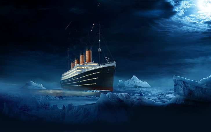 czarno-szara ilustracja statku, statek, morze, noc, księżyc, góra lodowa, Titanic, sztuka cyfrowa, Tapety HD