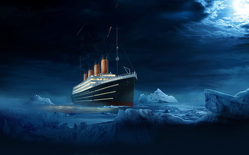 черно-серая иллюстрация корабля, корабль, море, ночь, луна, айсберг, Титаник, цифровое искусство, HD обои HD wallpaper