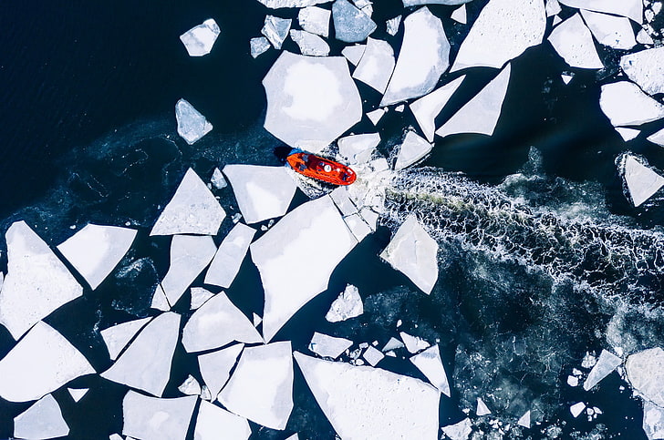 красная лодка, вид с воздуха, море, лед, синий, средство передвижения, вода, природа, лодка, HD обои