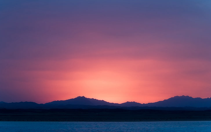 Goldene Stunde, Landschaft, Natur, Sonnenaufgang, lila Himmel, Berge, Silhouette, HD-Hintergrundbild