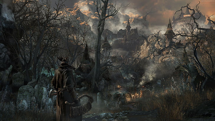 Bloodborne, interface, fog, game, Best Games of 2015, screenshot, darkness, city, Yharnam, gameplay, review, HD wallpaper